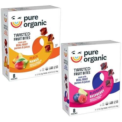 Pure Organic Twisted Fruit Bites, Kids Snacks, Fruit Snacks, 2-Flavor Variety Pack (2 Boxes, 16 Pouches)