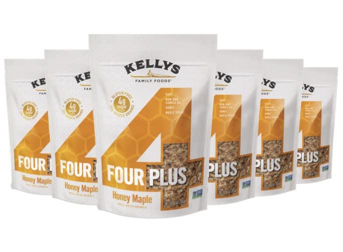 Kelly's Four Plus Granola - Healthy Granola Cereal with Whole Grain Oats, Honey, Maple Syrup - Non-GMO, Low Sugar, Sodium Free and Gluten Free Granola for Yogurt - 12oz (Pack of 4)