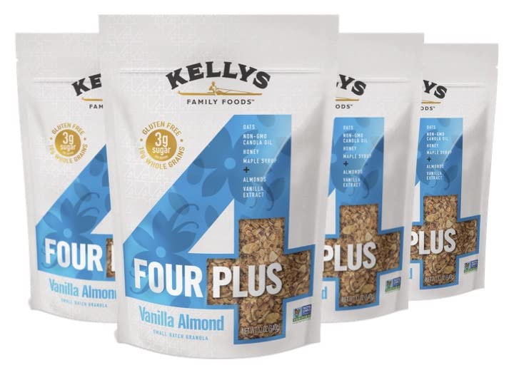 Kelly's Four Plus Granola - Healthy Granola Cereal with Whole Grain Oats, Honey, Maple Syrup - Non-GMO, Low Sugar, Sodium Free and Gluten Free Granola for Yogurt - 12oz (Pack of 4)