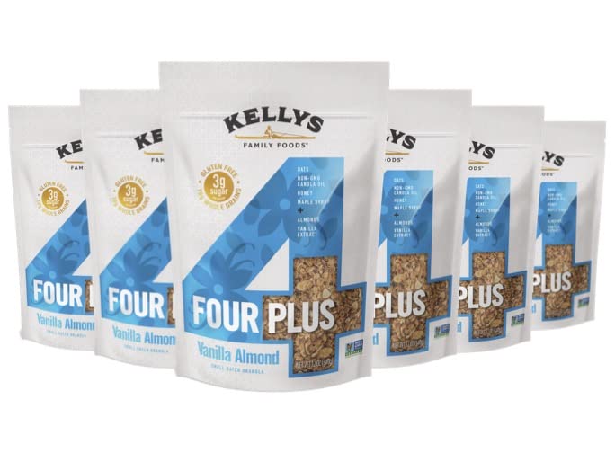 Kelly's Four Plus Granola - Healthy Granola Cereal with Whole Grain Oats, Honey, Maple Syrup - Non-GMO, Low Sugar, Sodium Free and Gluten Free Granola for Yogurt - 12oz (Pack of 4)