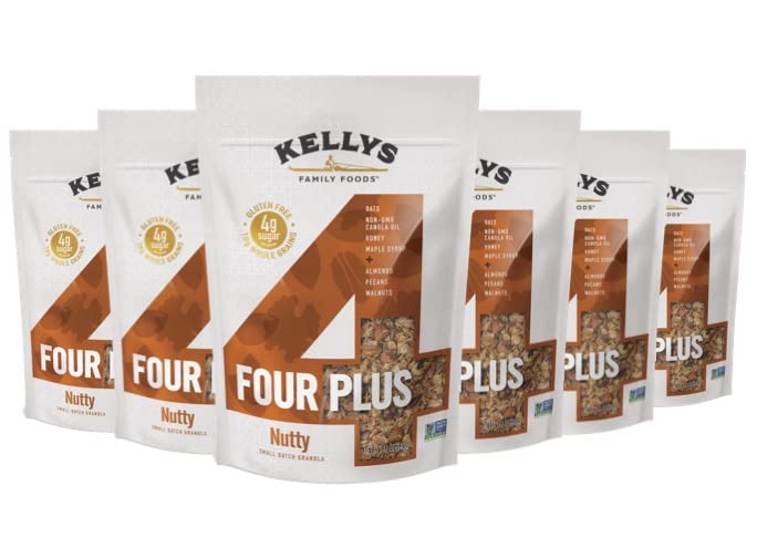 Kelly's Four Plus Granola - Healthy Granola Cereal with Whole Grain Oats, Honey, Maple Syrup - Non-GMO, Low Sugar, Sodium Free and Gluten Free Granola for Yogurt - 12oz (Pack of 4)