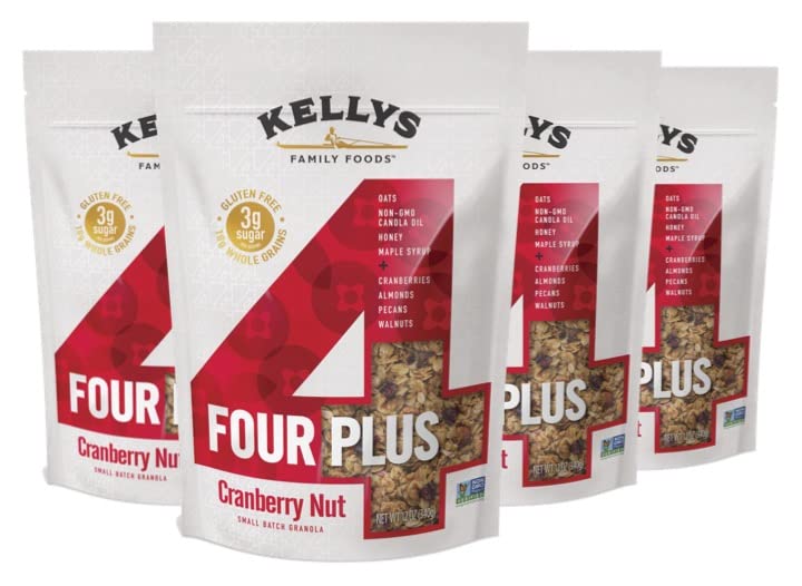 Kelly's Four Plus Granola - Healthy Granola Cereal with Whole Grain Oats, Honey, Maple Syrup - Non-GMO, Low Sugar, Sodium Free and Gluten Free Granola for Yogurt - 12oz (Pack of 4)