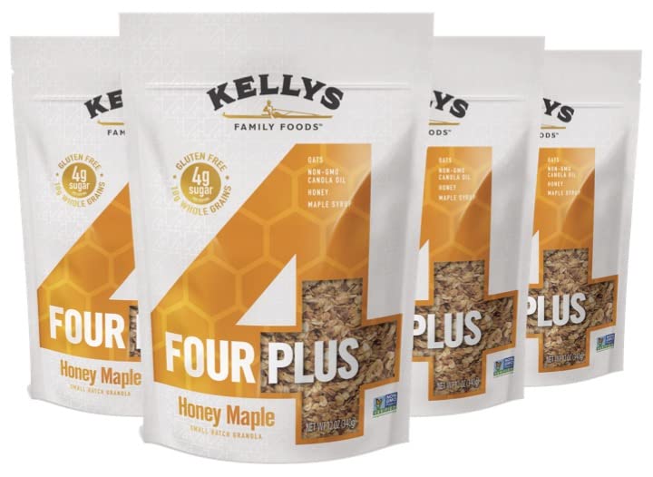 Kelly's Four Plus Granola - Healthy Granola Cereal with Whole Grain Oats, Honey, Maple Syrup - Non-GMO, Low Sugar, Sodium Free and Gluten Free Granola for Yogurt - 12oz (Pack of 4)