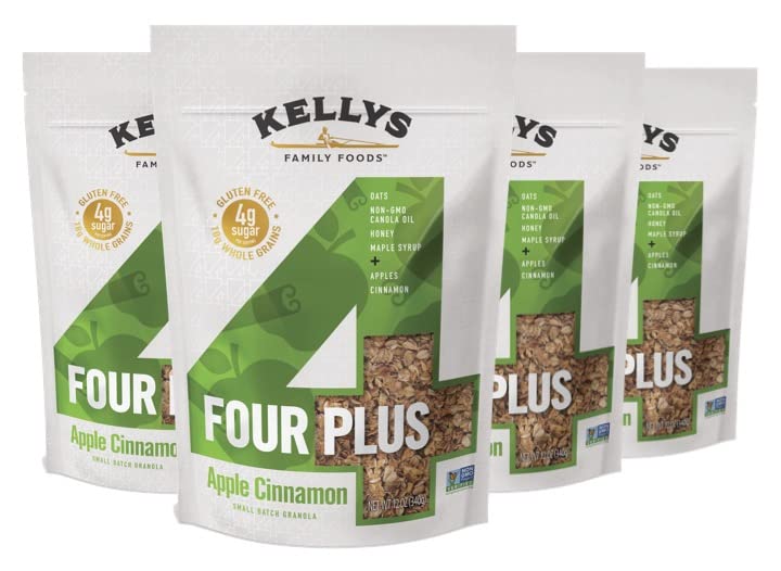Kelly's Four Plus Granola - Healthy Granola Cereal with Whole Grain Oats, Honey, Maple Syrup - Non-GMO, Low Sugar, Sodium Free and Gluten Free Granola for Yogurt - 12oz (Pack of 4)