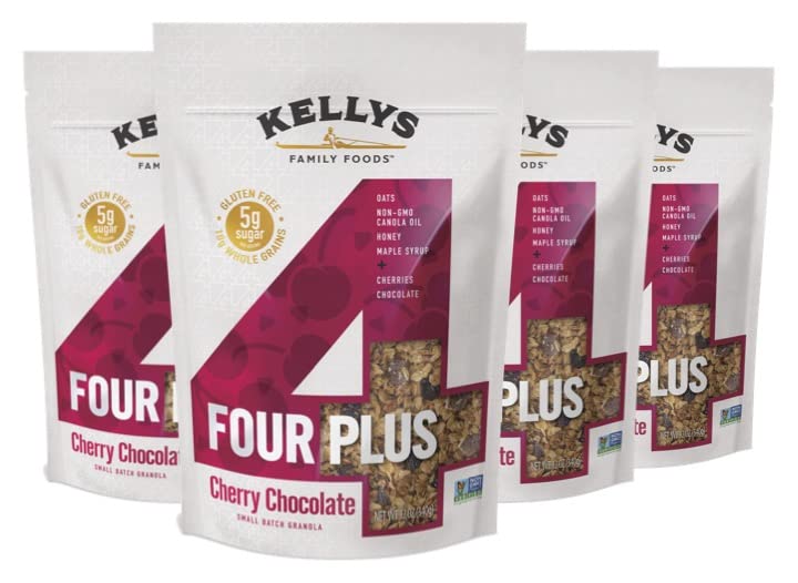 Kelly's Four Plus Granola - Healthy Granola Cereal with Whole Grain Oats, Honey, Maple Syrup - Non-GMO, Low Sugar, Sodium Free and Gluten Free Granola for Yogurt - 12oz (Pack of 4)