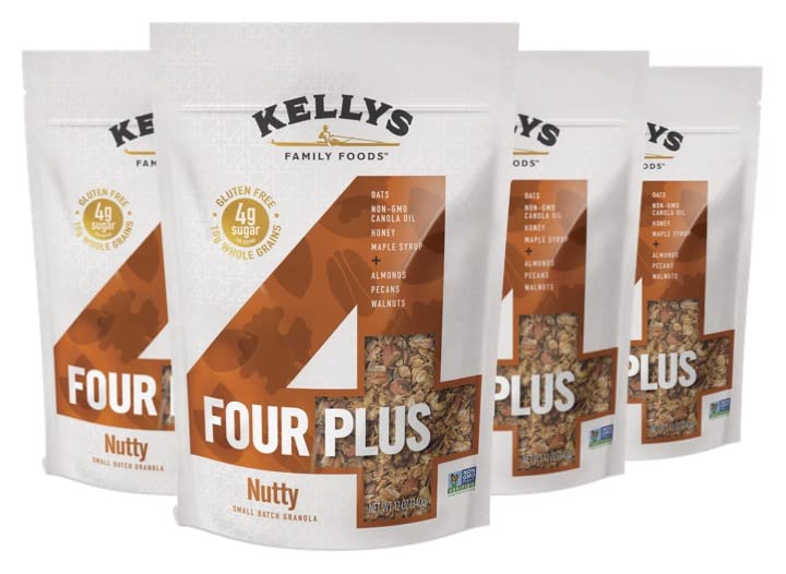 Kelly's Four Plus Granola - Healthy Granola Cereal with Whole Grain Oats, Honey, Maple Syrup - Non-GMO, Low Sugar, Sodium Free and Gluten Free Granola for Yogurt - 12oz (Pack of 4)