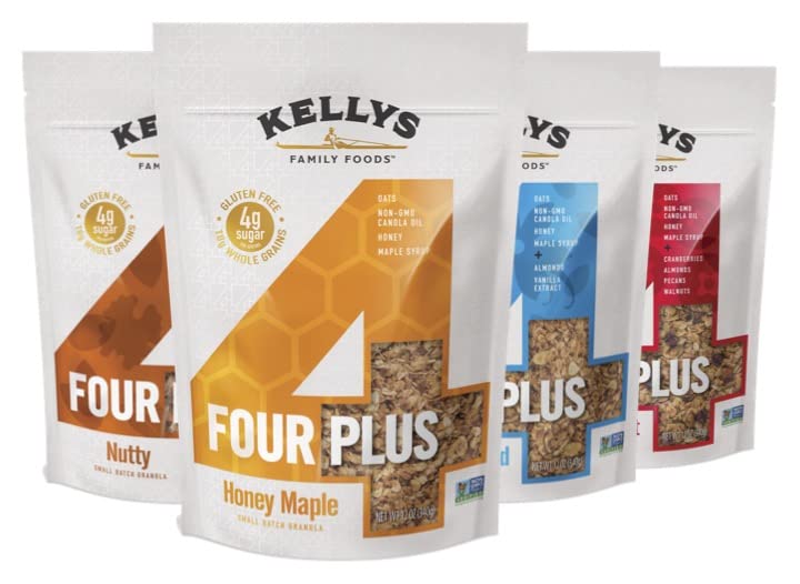 Kelly's Four Plus Granola - Healthy Granola Cereal with Whole Grain Oats, Honey, Maple Syrup - Non-GMO, Low Sugar, Sodium Free and Gluten Free Granola for Yogurt - 12oz (Pack of 4)