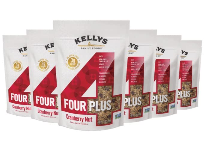 Kelly's Four Plus Granola - Healthy Granola Cereal with Whole Grain Oats, Honey, Maple Syrup - Non-GMO, Low Sugar, Sodium Free and Gluten Free Granola for Yogurt - 12oz (Pack of 4)