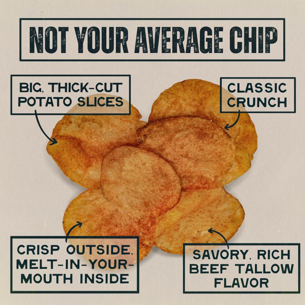 Beefy’s Own Beef Tallow Potato Chips - Kettle Chips Made Without Seed Oils, Gluten Free, Crispy, and Thick Cut - Old-Fashioned Small Batch Fried in Beef Tallow