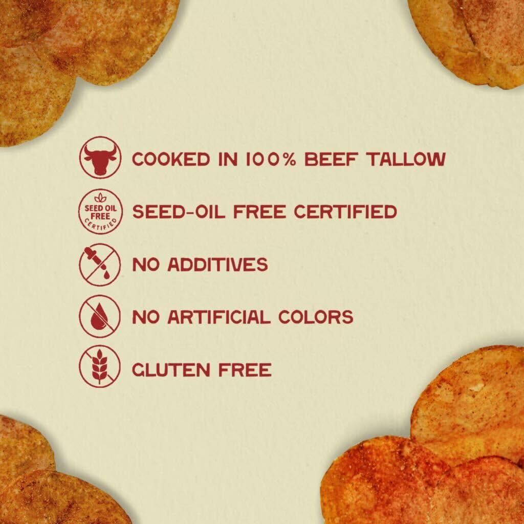 Beefy’s Own Beef Tallow Potato Chips - Kettle Chips Made Without Seed Oils, Gluten Free, Crispy, and Thick Cut - Old-Fashioned Small Batch Fried in Beef Tallow