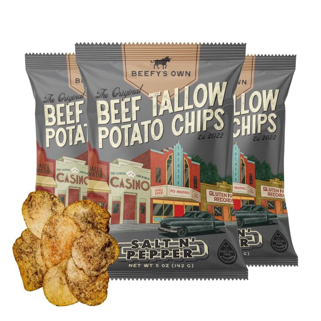 Beefy’s Own Beef Tallow Potato Chips - Kettle Chips Made Without Seed Oils, Gluten Free, Crispy, and Thick Cut - Old-Fashioned Small Batch Fried in Beef Tallow