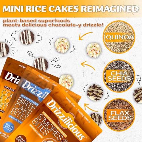 Drizzilicious Mini Rice Cakes Variety Pack- Rice Crisps, Healthy Snack for Adults and Kids, Flavored Rice Cakes, Vegan, Gluten Free Snack, Allergen Free, Only 90 Calories Per Bag- 0.74 oz (Pack of 12)