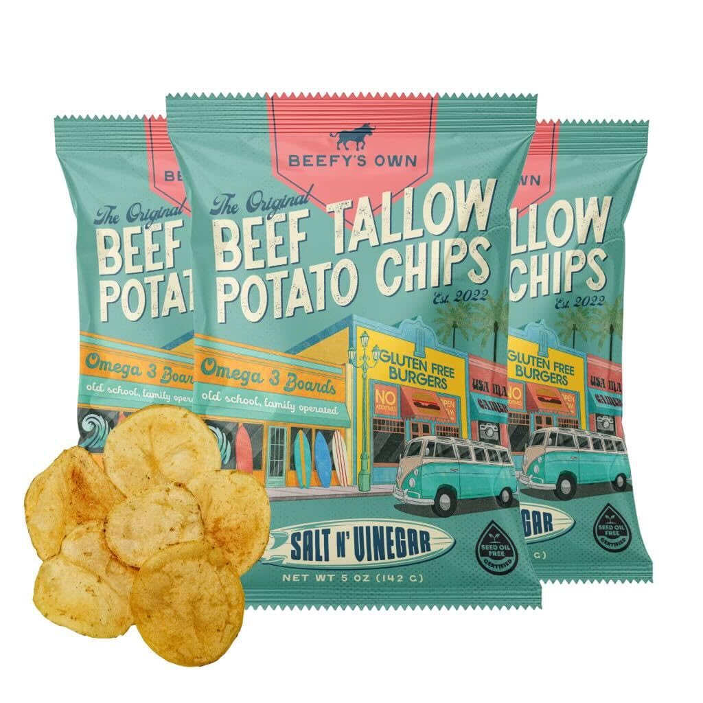 Beefy’s Own Beef Tallow Potato Chips - Kettle Chips Made Without Seed Oils, Gluten Free, Crispy, and Thick Cut - Old-Fashioned Small Batch Fried in Beef Tallow