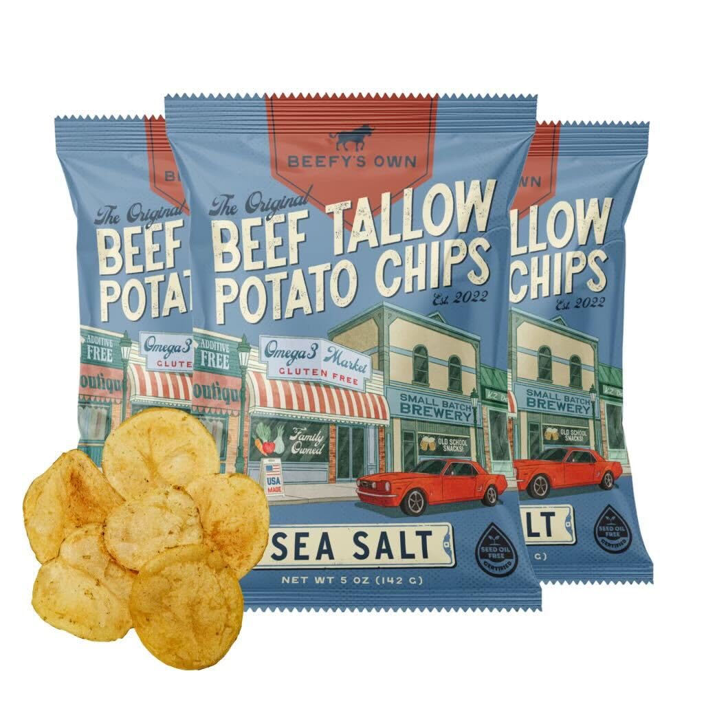 Beefy’s Own Beef Tallow Potato Chips - Kettle Chips Made Without Seed Oils, Gluten Free, Crispy, and Thick Cut - Old-Fashioned Small Batch Fried in Beef Tallow