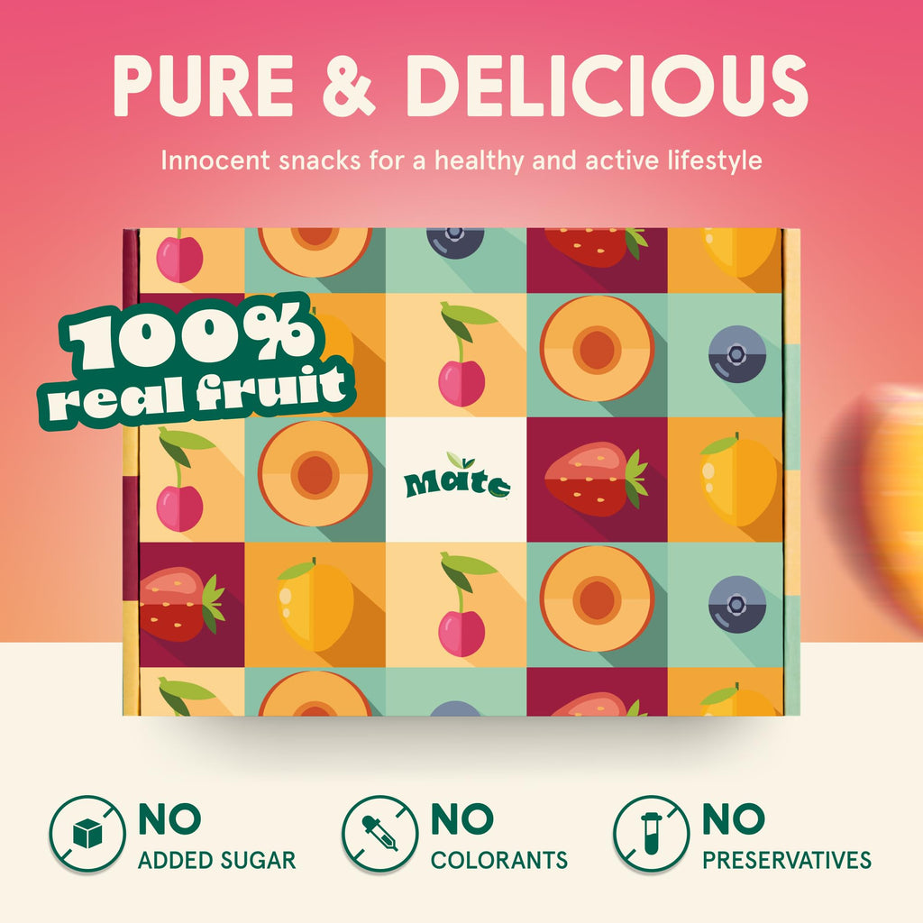 Mate Fruit Bars 5 Flavor Variety Pack, 40 Count - Real Fruit Snacks Made with 3 Ingredients, No Added Sugar, Vegan, Gluten Free, Kosher - Strawberry, Blueberry, Peach, Sour Cherry, Mango