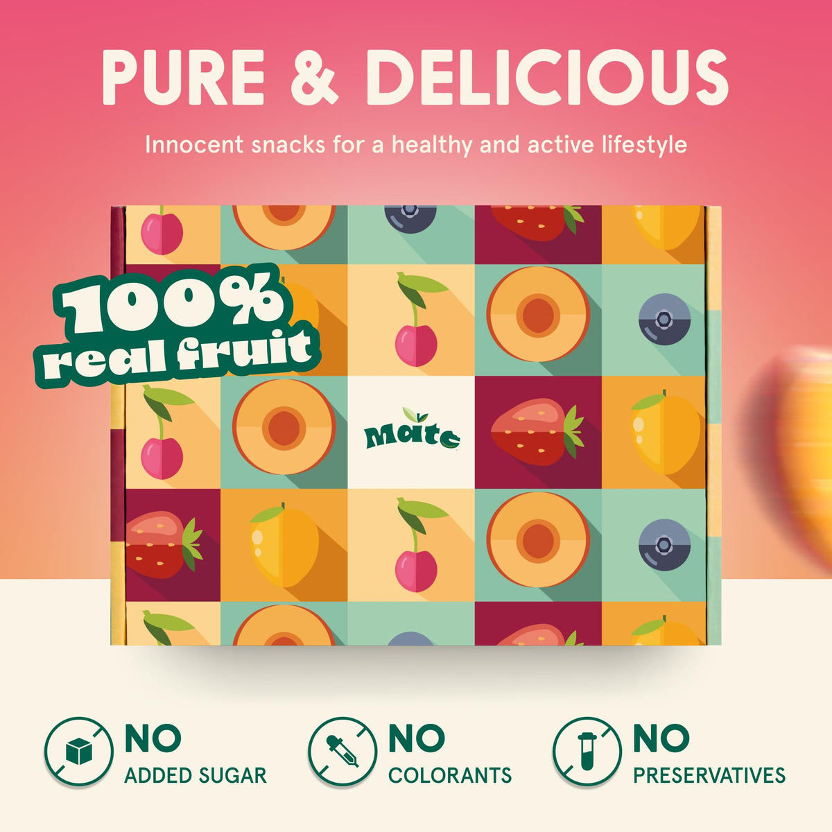 Mate Fruit Bars 5 Flavor Variety Pack, 40 Count - Real Fruit Snacks Made with 3 Ingredients, No Added Sugar, Vegan, Gluten Free, Kosher - Strawberry, Blueberry, Peach, Sour Cherry, Mango