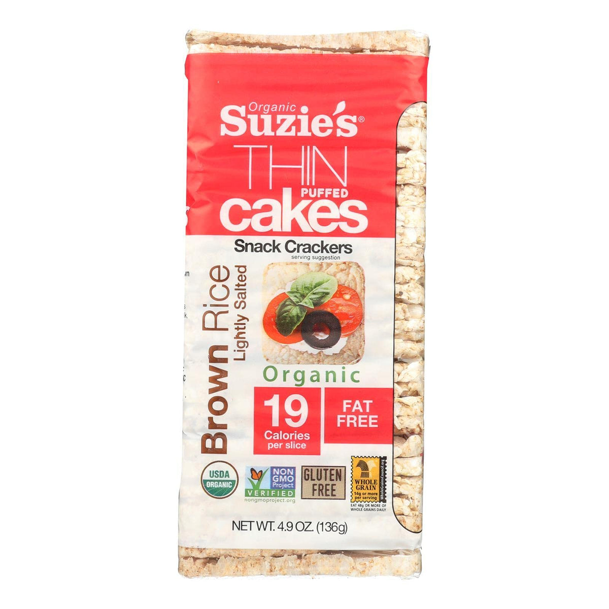 Suzie's Organic Rice Cake Thins|USDA Organic, NON-GMO, Fat-Free, Sugar-Free, Gluten-Free|Low-Calorie Snack-16 Calories Per Slice|Bread & Cracker Replacement