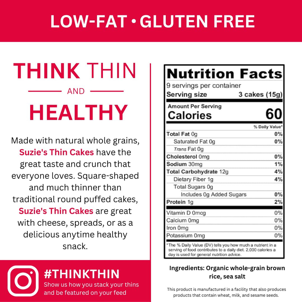 Suzie's Organic Rice Cake Thins|USDA Organic, NON-GMO, Fat-Free, Sugar-Free, Gluten-Free|Low-Calorie Snack-16 Calories Per Slice|Bread & Cracker Replacement