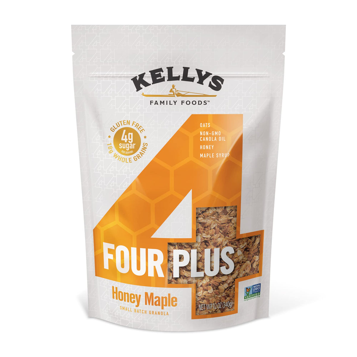 Kelly's Four Plus Granola - Healthy Granola Cereal with Whole Grain Oats, Honey, Maple Syrup - Non-GMO, Low Sugar, Sodium Free and Gluten Free Granola for Yogurt - 12oz (Pack of 4)