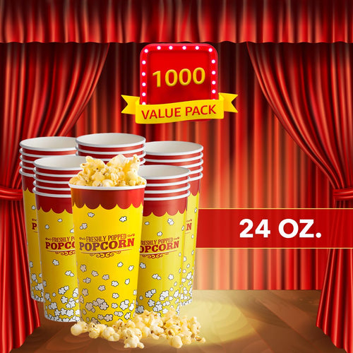 24 oz. Multicolor Popcorn Cups - 1000 Pack, Disposable Popcorn Buckets, Tubs for Home, Movie Night, Theatre