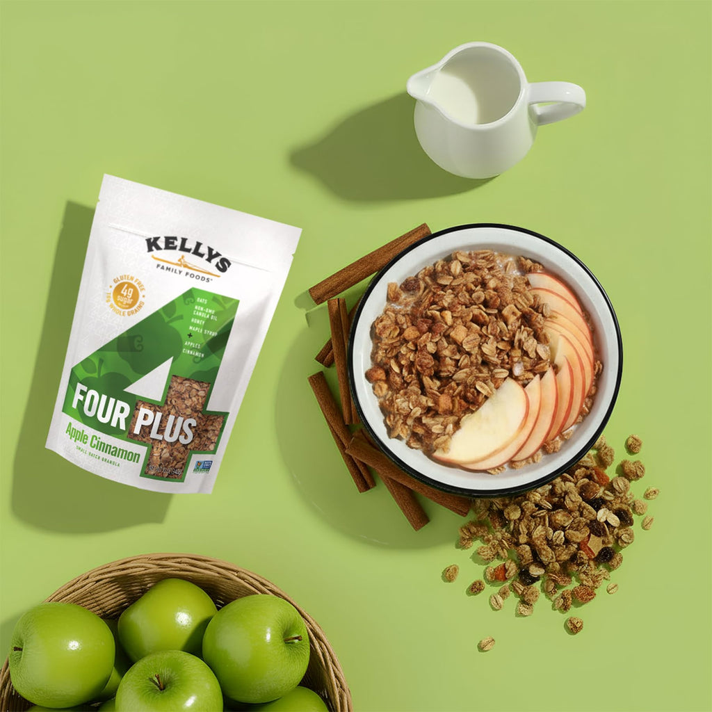 Kelly's Four Plus Granola - Healthy Granola Cereal with Whole Grain Oats, Honey, Maple Syrup - Non-GMO, Low Sugar, Sodium Free and Gluten Free Granola for Yogurt - 12oz (Pack of 4)