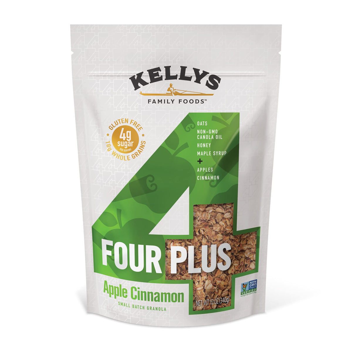 Kelly's Four Plus Granola - Healthy Granola Cereal with Whole Grain Oats, Honey, Maple Syrup - Non-GMO, Low Sugar, Sodium Free and Gluten Free Granola for Yogurt - 12oz (Pack of 4)