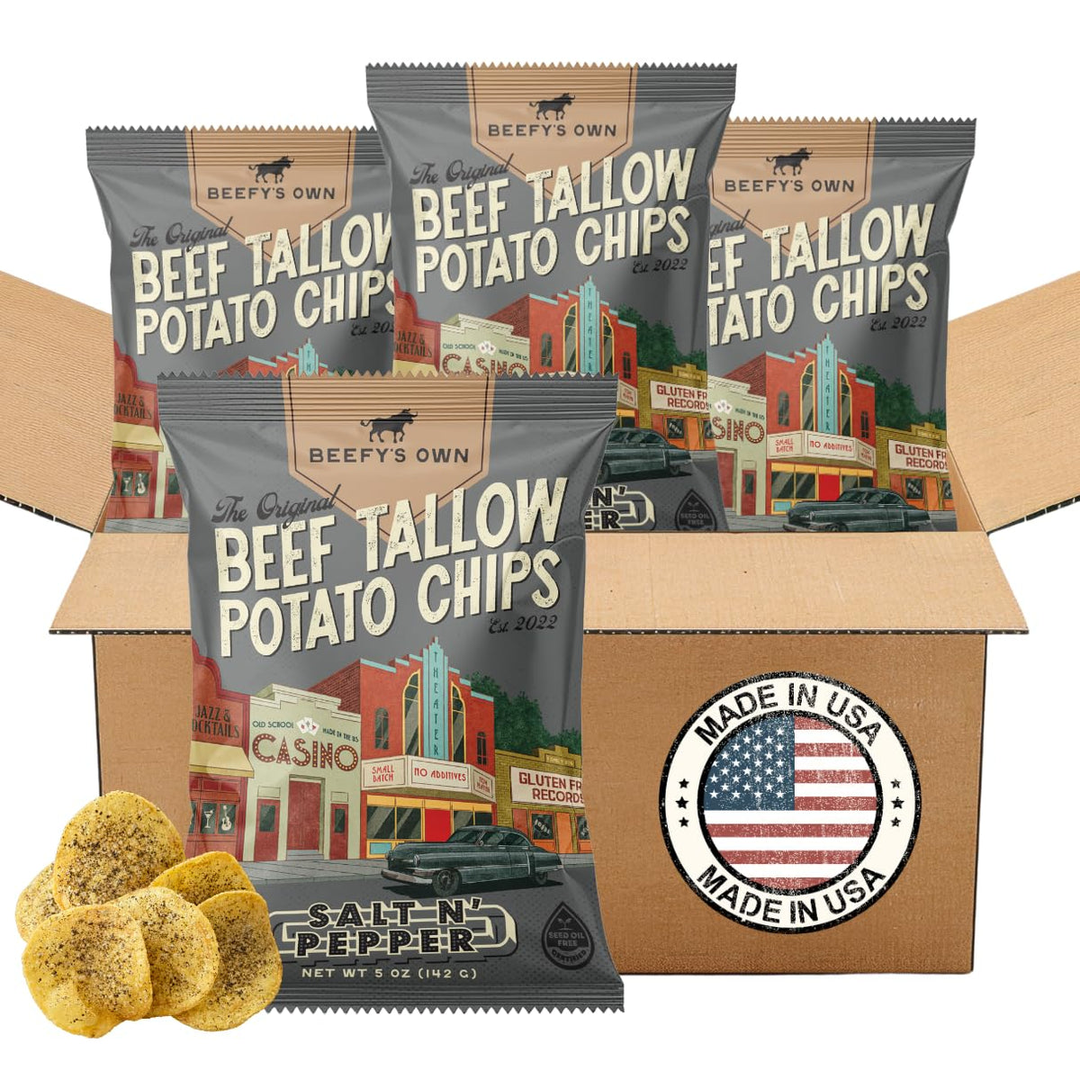 Beefy’s Own Beef Tallow Potato Chips - Kettle Chips Made Without Seed Oils, Gluten Free, Crispy, and Thick Cut - Old-Fashioned Small Batch Fried in Beef Tallow