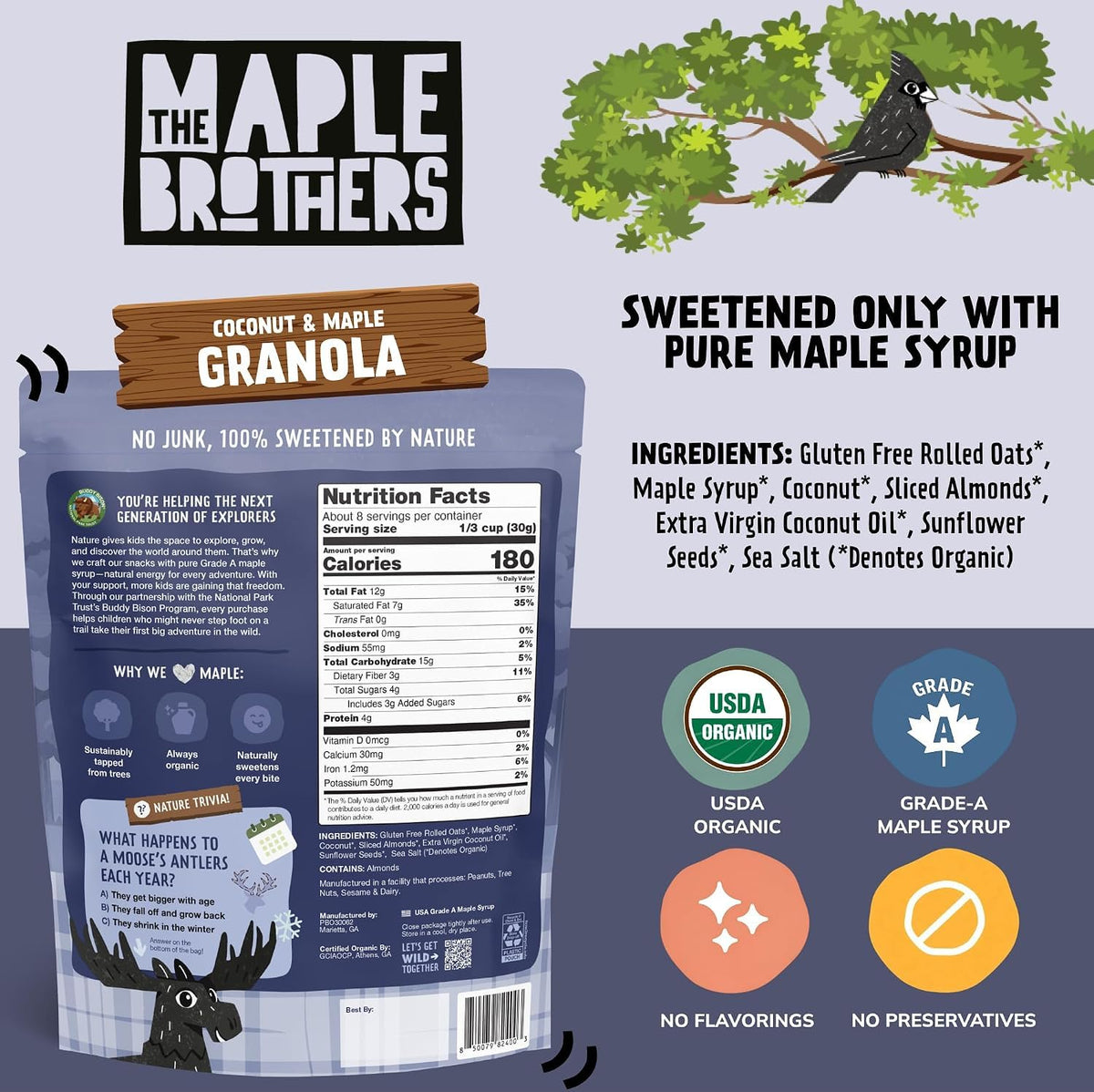 The Maple Brothers Granola – Organic, Vegan, Non-GMO, Whole-Grain Oats with Real Strawberries & Grade A Maple Syrup – Healthy Breakfast & Snack, 8 oz Resealable Bag
