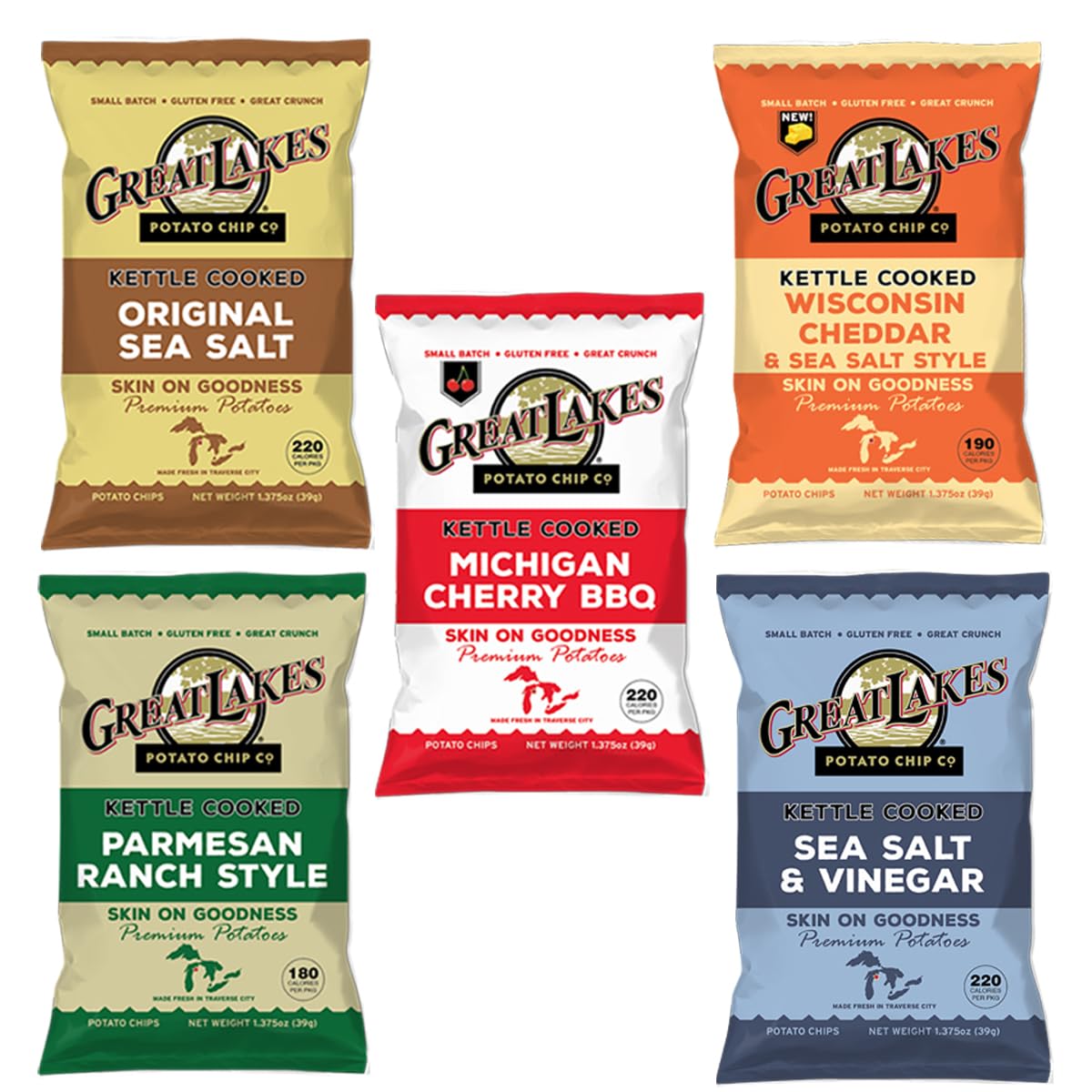 Great Lakes Potato Chip Co. Variety Pack of Kettle Cooked Potato Chips, Individual Snack Size Case (Pack of 40, 1.375 Oz. Bags)