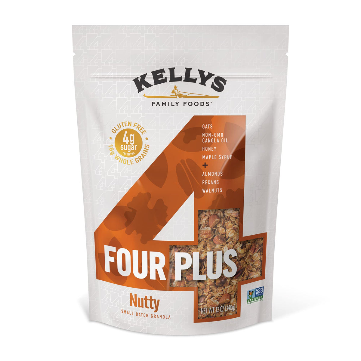 Kelly's Four Plus Granola - Healthy Granola Cereal with Whole Grain Oats, Honey, Maple Syrup - Non-GMO, Low Sugar, Sodium Free and Gluten Free Granola for Yogurt - 12oz (Pack of 4)