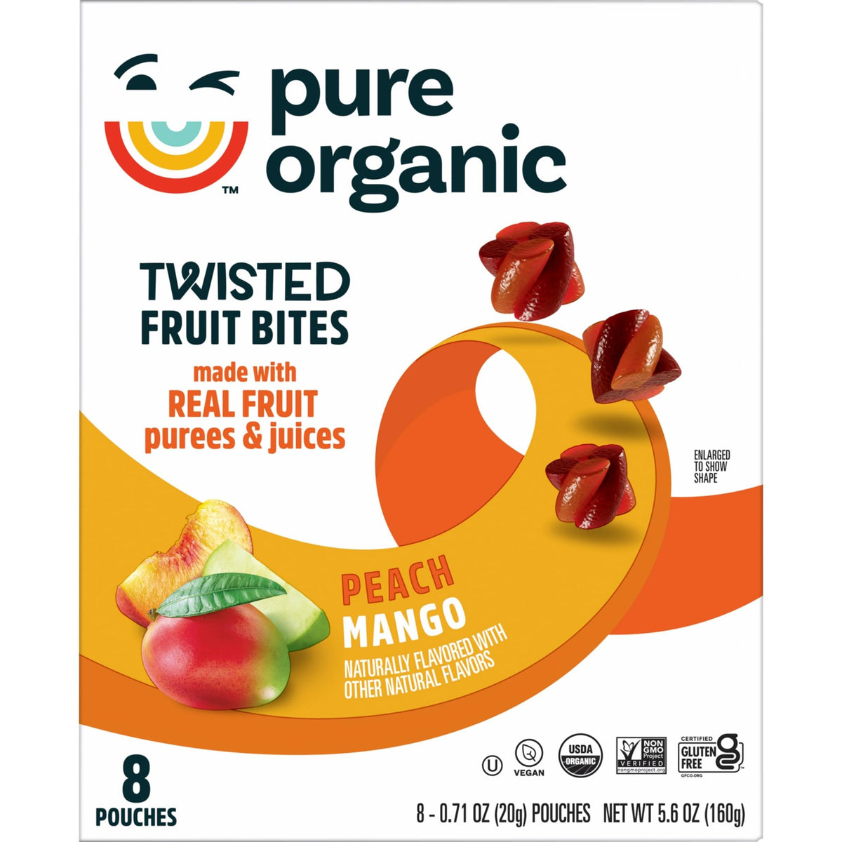 Pure Organic Twisted Fruit Bites, Kids Snacks, Fruit Snacks, Peach Mango, 5.6oz Box (8 Pouches)