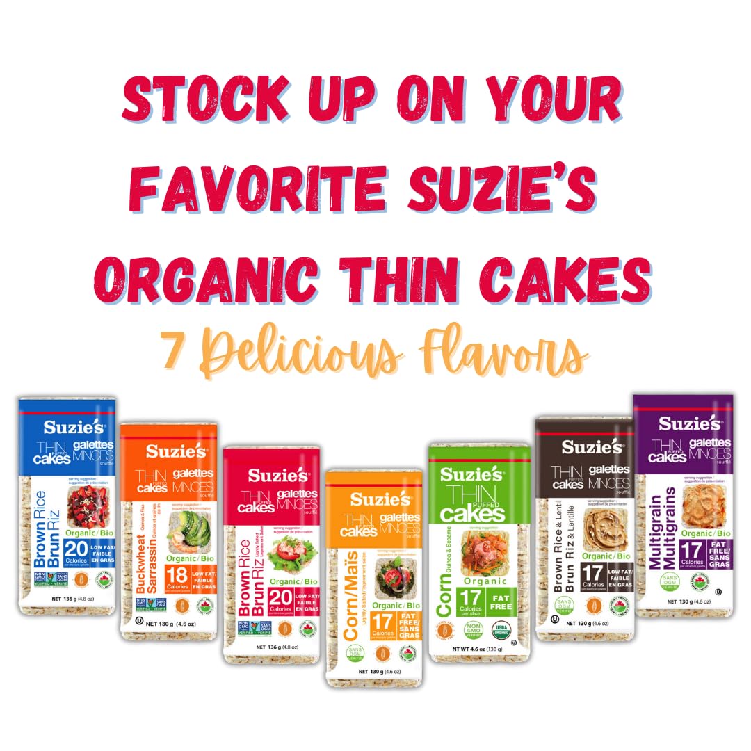 Suzie's Organic Rice Cake Thins|USDA Organic, NON-GMO, Fat-Free, Sugar-Free, Gluten-Free|Low-Calorie Snack-16 Calories Per Slice|Bread & Cracker Replacement