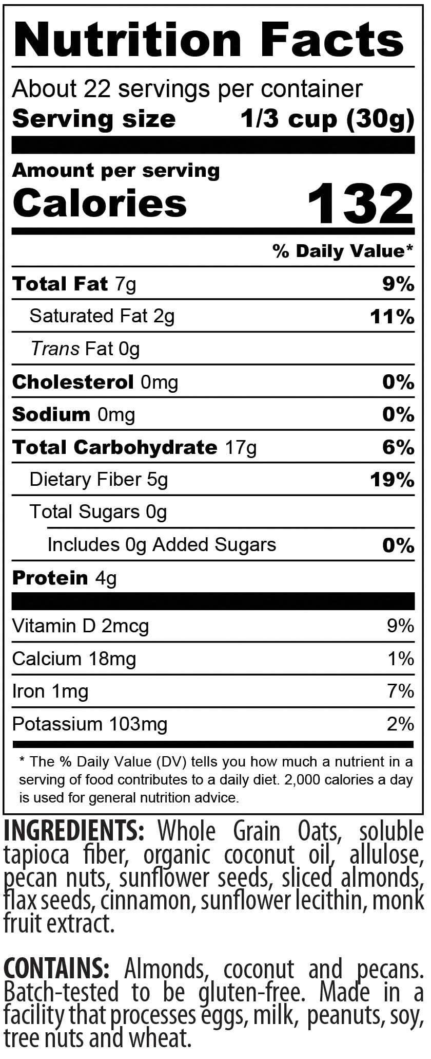 Sugar Free Granola Sweetened with Monk Fruit Extract (Gluten Free, Non-GMO, No Sugar Alcohol, No Salt Added, No Artificial Sweeteners, Soy Free, Vegan, All Natural Ingredients)