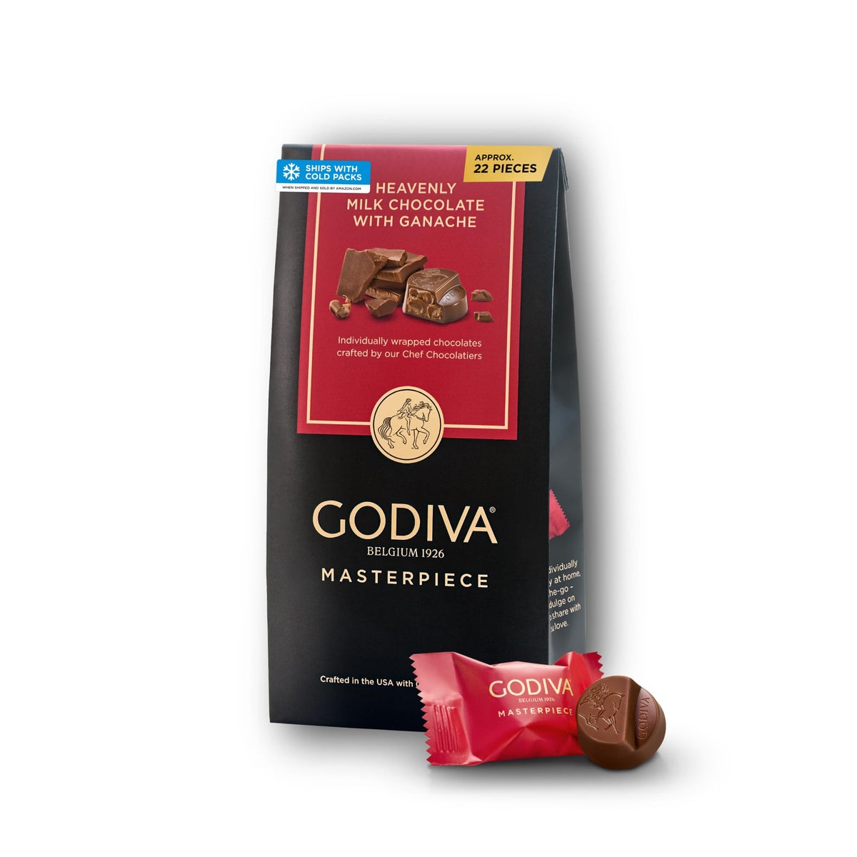 Godiva Masterpiece Chocolate Bag, Individually Wrapped with Ganache Center, Gourmet Gift for Birthday, Holiday, Kosher, Halal, 7oz