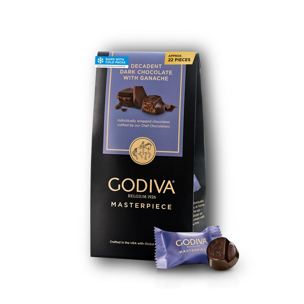 Godiva Masterpiece Chocolate Bag, Individually Wrapped with Ganache Center, Gourmet Gift for Birthday, Holiday, Kosher, Halal, 7oz