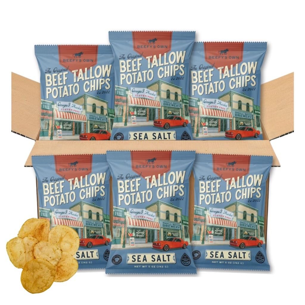 Beefy’s Own Beef Tallow Potato Chips - Kettle Chips Made Without Seed Oils, Gluten Free, Crispy, and Thick Cut - Old-Fashioned Small Batch Fried in Beef Tallow