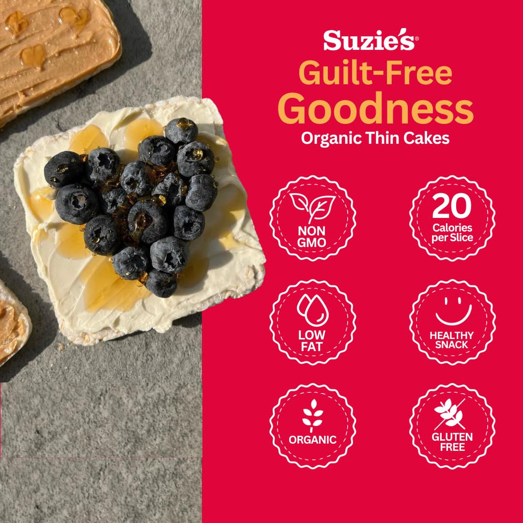 Suzie's Organic Rice Cake Thins|USDA Organic, NON-GMO, Fat-Free, Sugar-Free, Gluten-Free|Low-Calorie Snack-16 Calories Per Slice|Bread & Cracker Replacement