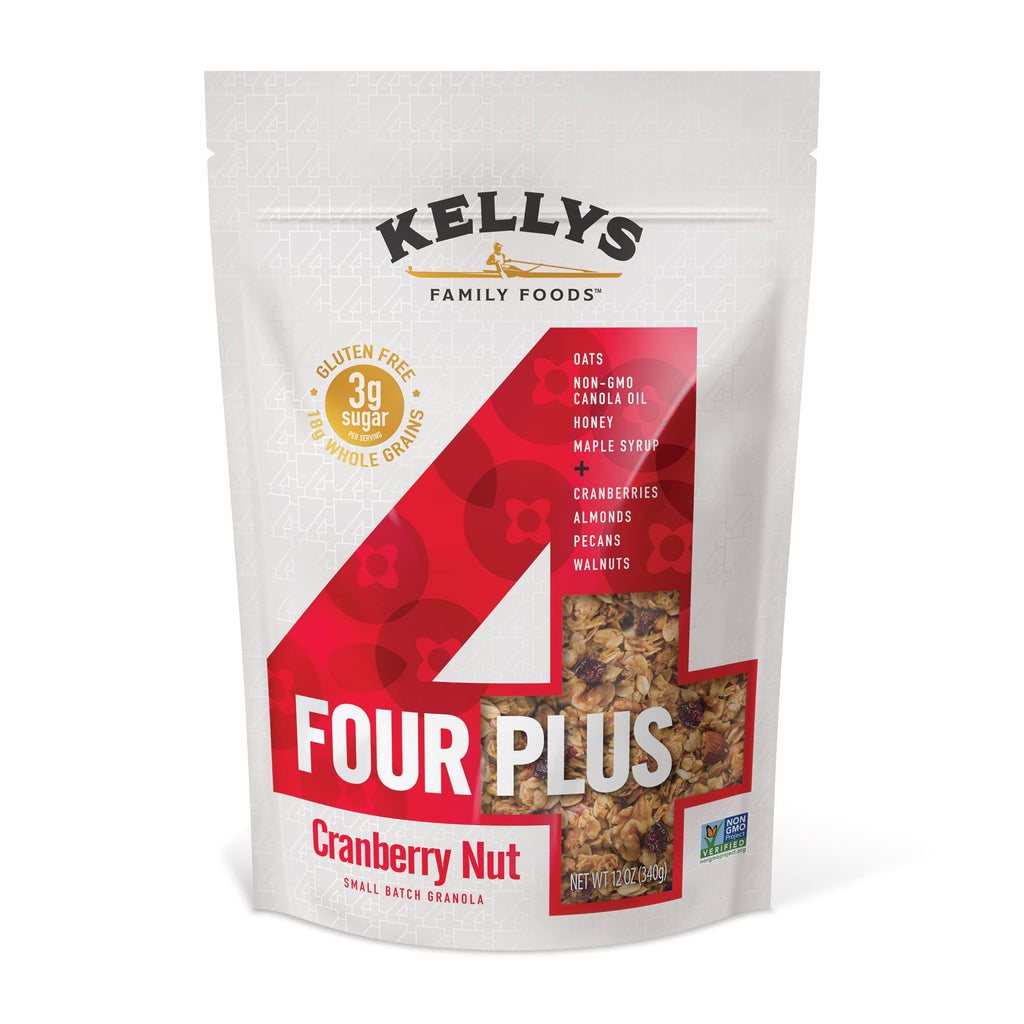 Kelly's Four Plus Granola - Healthy Granola Cereal with Whole Grain Oats, Honey, Maple Syrup - Non-GMO, Low Sugar, Sodium Free and Gluten Free Granola for Yogurt - 12oz (Pack of 4)