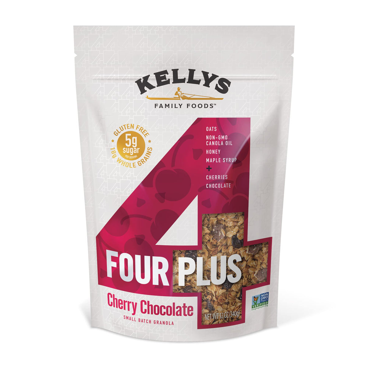 Kelly's Four Plus Granola - Healthy Granola Cereal with Whole Grain Oats, Honey, Maple Syrup - Non-GMO, Low Sugar, Sodium Free and Gluten Free Granola for Yogurt - 12oz (Pack of 4)