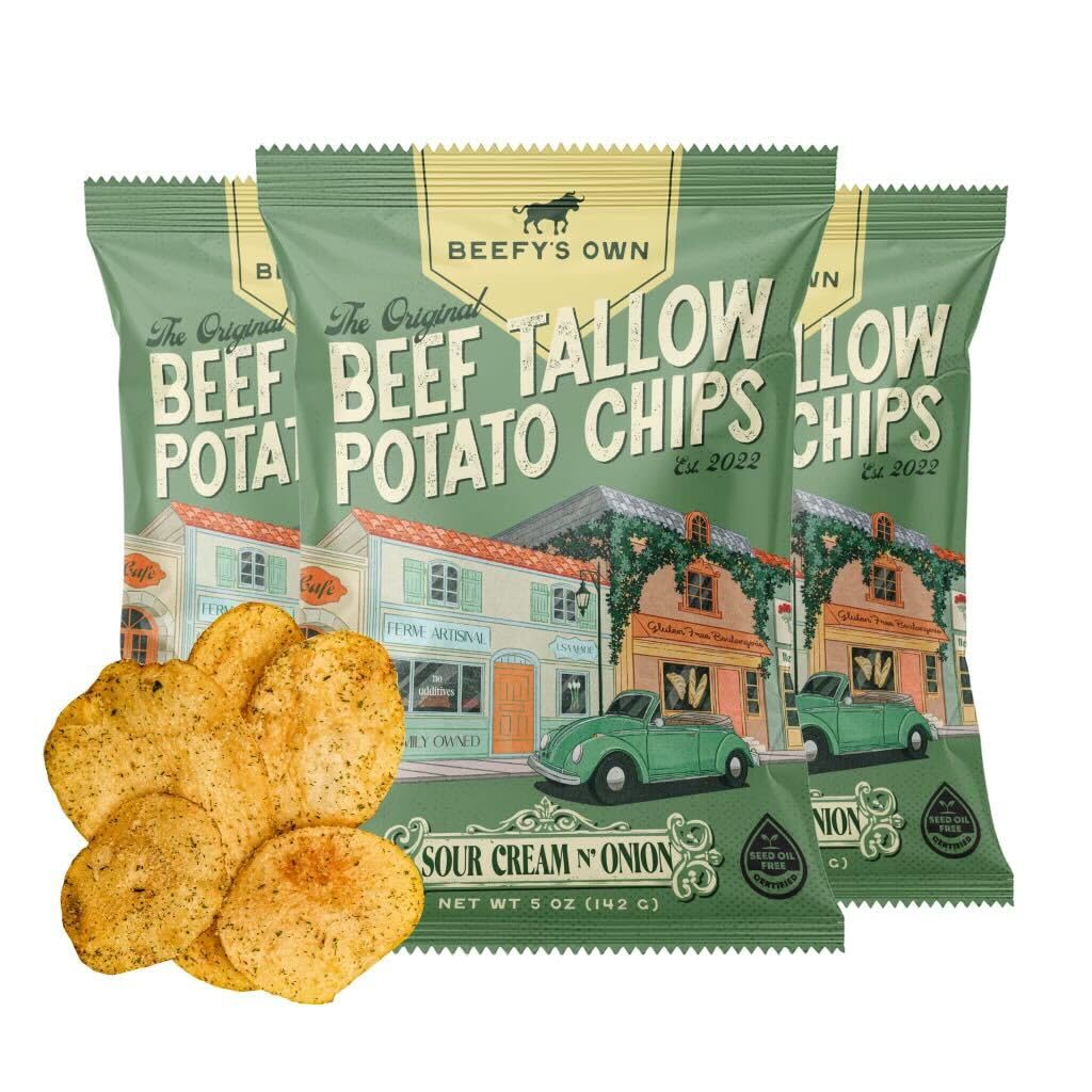 Beefy’s Own Beef Tallow Potato Chips - Kettle Chips Made Without Seed Oils, Gluten Free, Crispy, and Thick Cut - Old-Fashioned Small Batch Fried in Beef Tallow