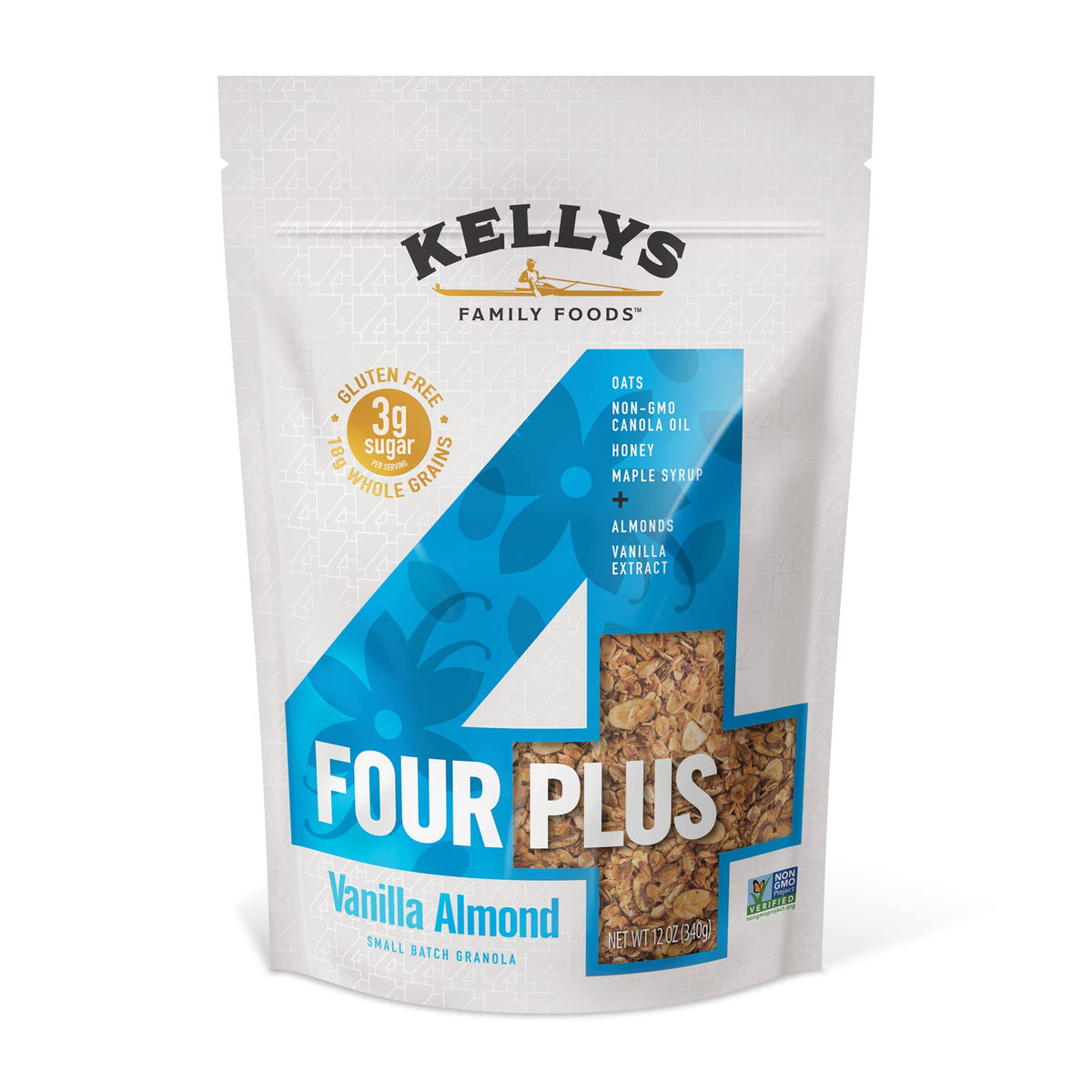 Kelly's Four Plus Granola - Healthy Granola Cereal with Whole Grain Oats, Honey, Maple Syrup - Non-GMO, Low Sugar, Sodium Free and Gluten Free Granola for Yogurt - 12oz (Pack of 4)