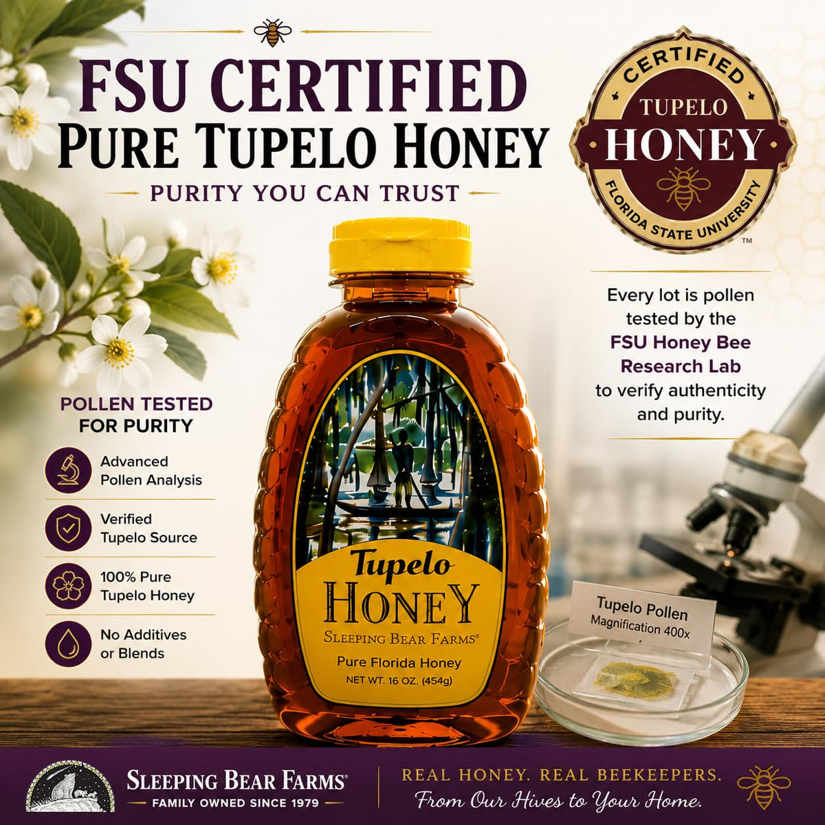 Sleeping Bear Farms Raw Tupelo Honey 2 lb Jar FSU Certified Pure