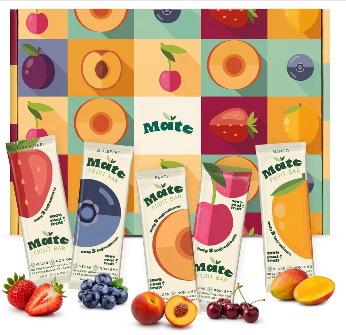 Mate Fruit Bars 5 Flavor Variety Pack, 40 Count - Real Fruit Snacks Made with 3 Ingredients, No Added Sugar, Vegan, Gluten Free, Kosher - Strawberry, Blueberry, Peach, Sour Cherry, Mango