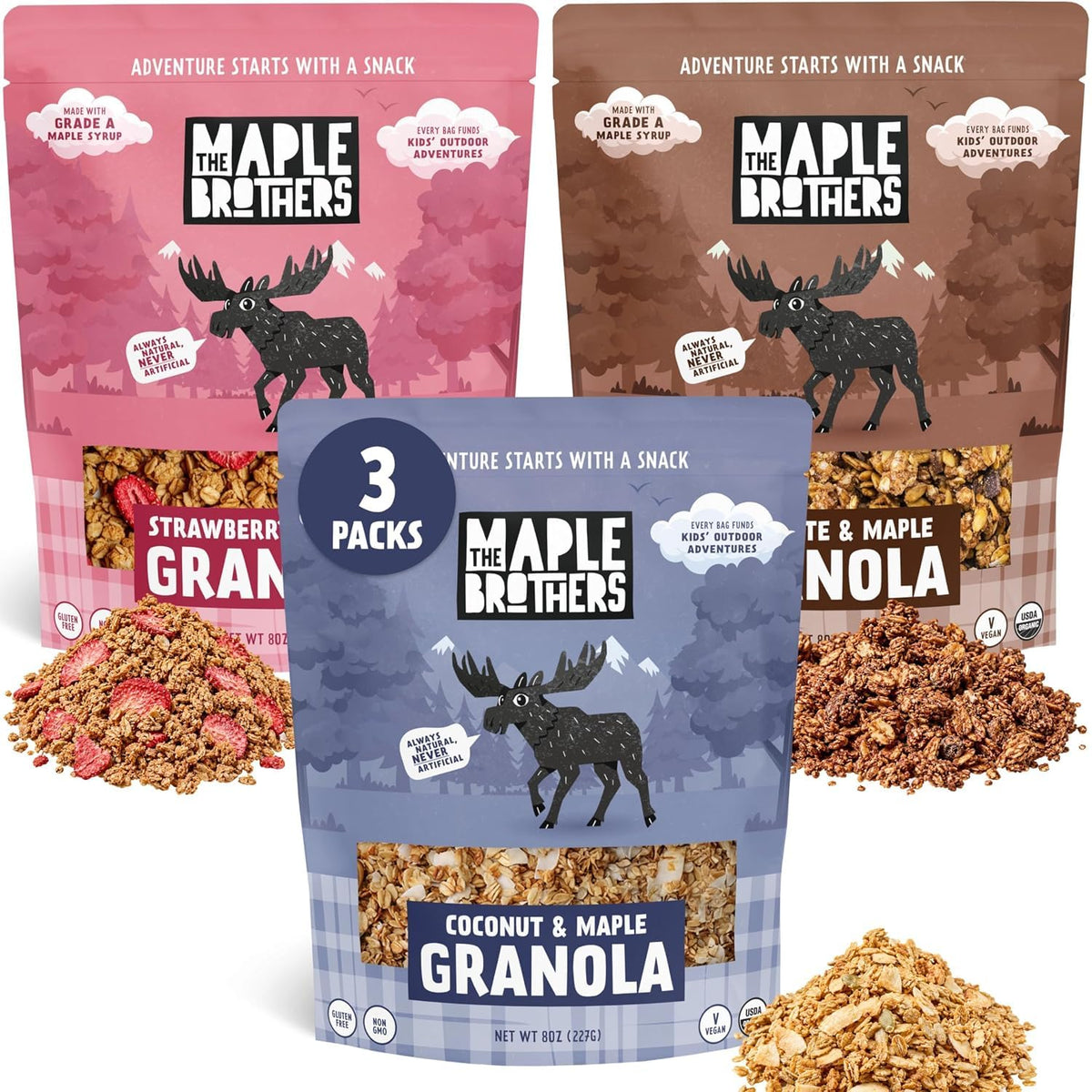 The Maple Brothers Granola – Organic, Vegan, Non-GMO, Whole-Grain Oats with Real Strawberries & Grade A Maple Syrup – Healthy Breakfast & Snack, 8 oz Resealable Bag