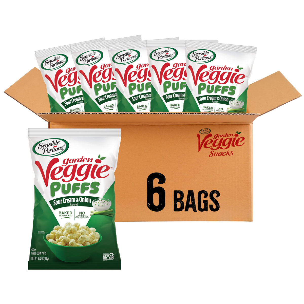 Sensible Portions Garden Veggie Sour Baked Corn Puffs, 3 oz (Pack of 6)