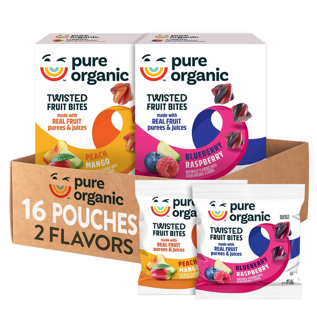 Pure Organic Twisted Fruit Bites, Kids Snacks, Fruit Snacks, 2-Flavor Variety Pack (2 Boxes, 16 Pouches)