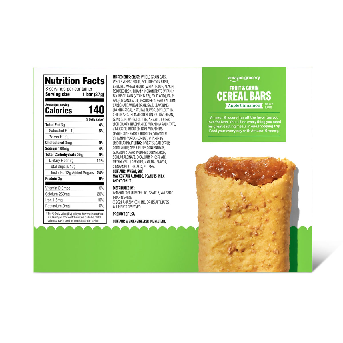 Amazon Grocery, Apple Cinnamon Fruit & Grain Cereal Bars, 1.3 Oz, 8 Ct
