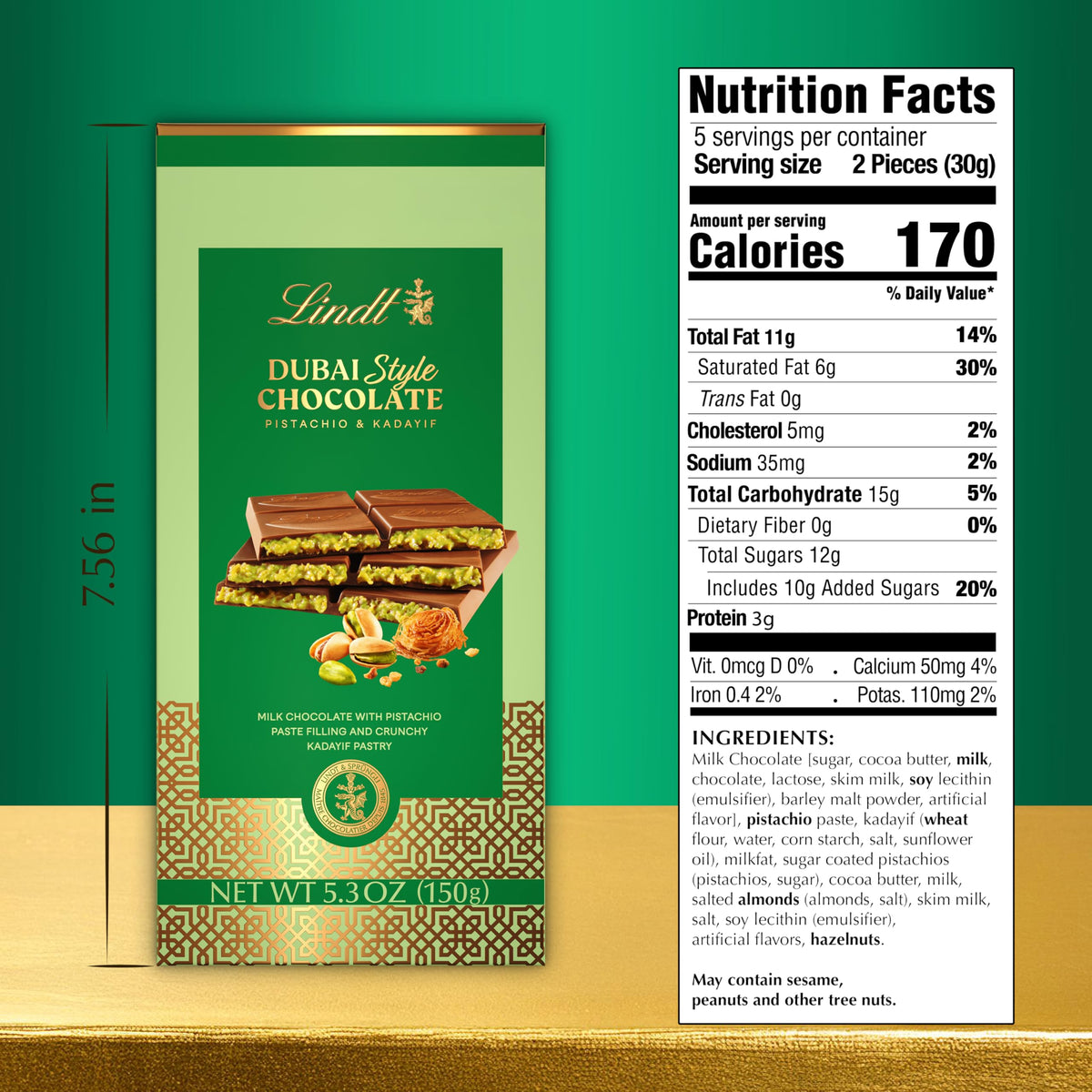 Lindt Dubai Style Milk Chocolate Candy with Pistachio & Kadayif, 5.3 oz. Bar