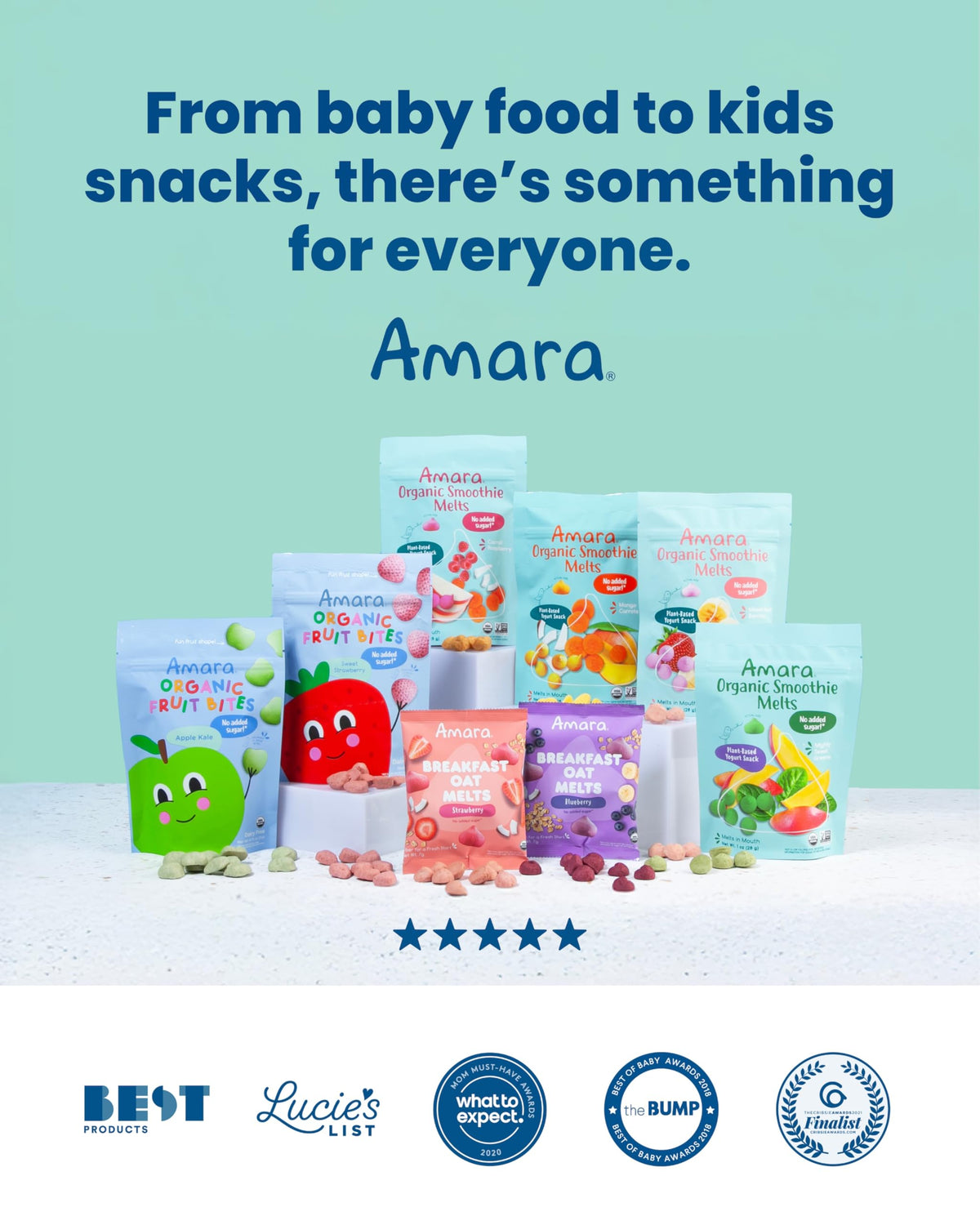 Amara Organic Toddler Snacks 3-Pack: Berry Smoothie Melts, Strawberry Bites & Oat Melts, No Added Sugar, Two 6- Packs & One 12 Pack