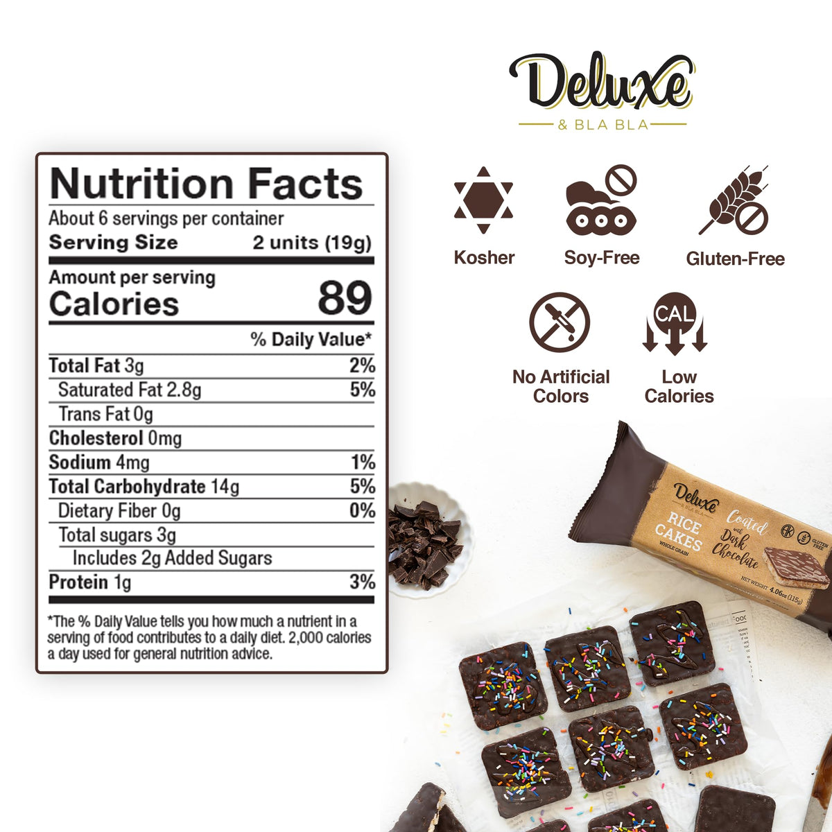 Deluxe & Bla Bla Dark Chocolate Rice Cakes,Kosher Certified Dairy Free,Gluten Free,Nuts Free,Vegan Snack (Dark Chocolate) Pack Of 3